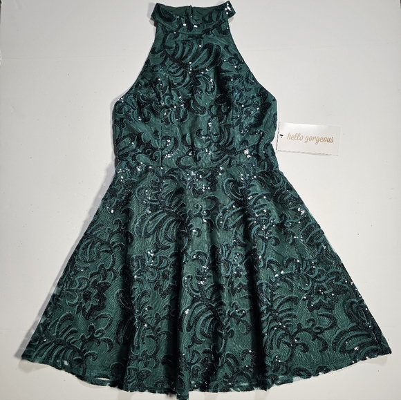 PromGirl Green Sequin Halter A-Line Mini Dress Size Medium NWT - Picture 5 of 16